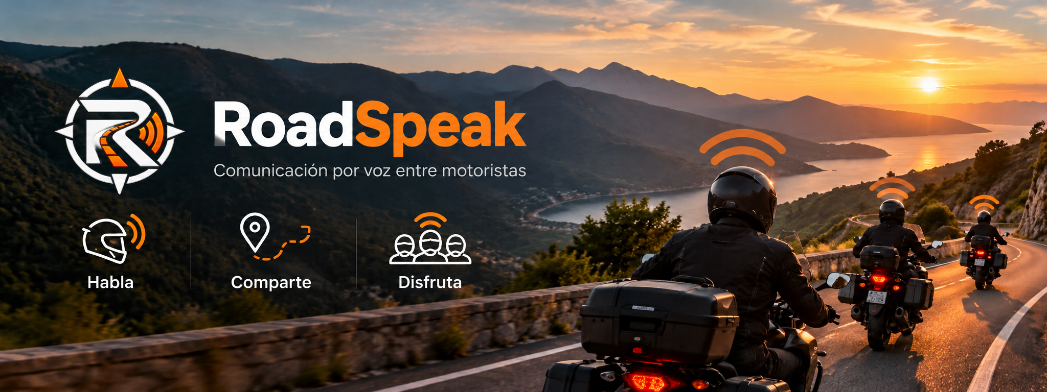 RoadSpeak: comunicación por voz entre motoristas. Tres motoristas recorren una carretera junto al mar al atardecer. Habla, comparte y disfruta.